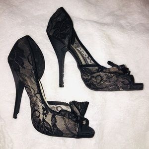 JustFab Black Lace Peep Toe High Heels with Bows